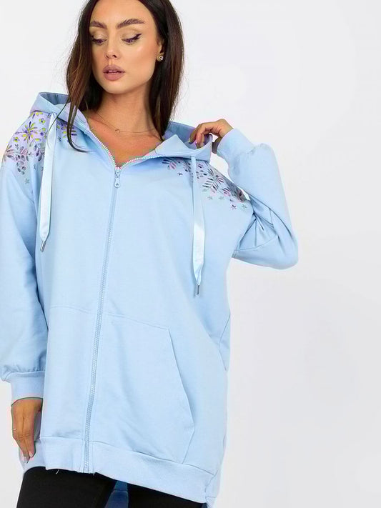 Embroidery Long Sleeve Blue Zipped Sweatshirt