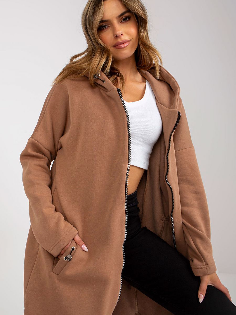 Rue Paris Solid Brown Color Long Sleeve Hooded Zipper Fleece