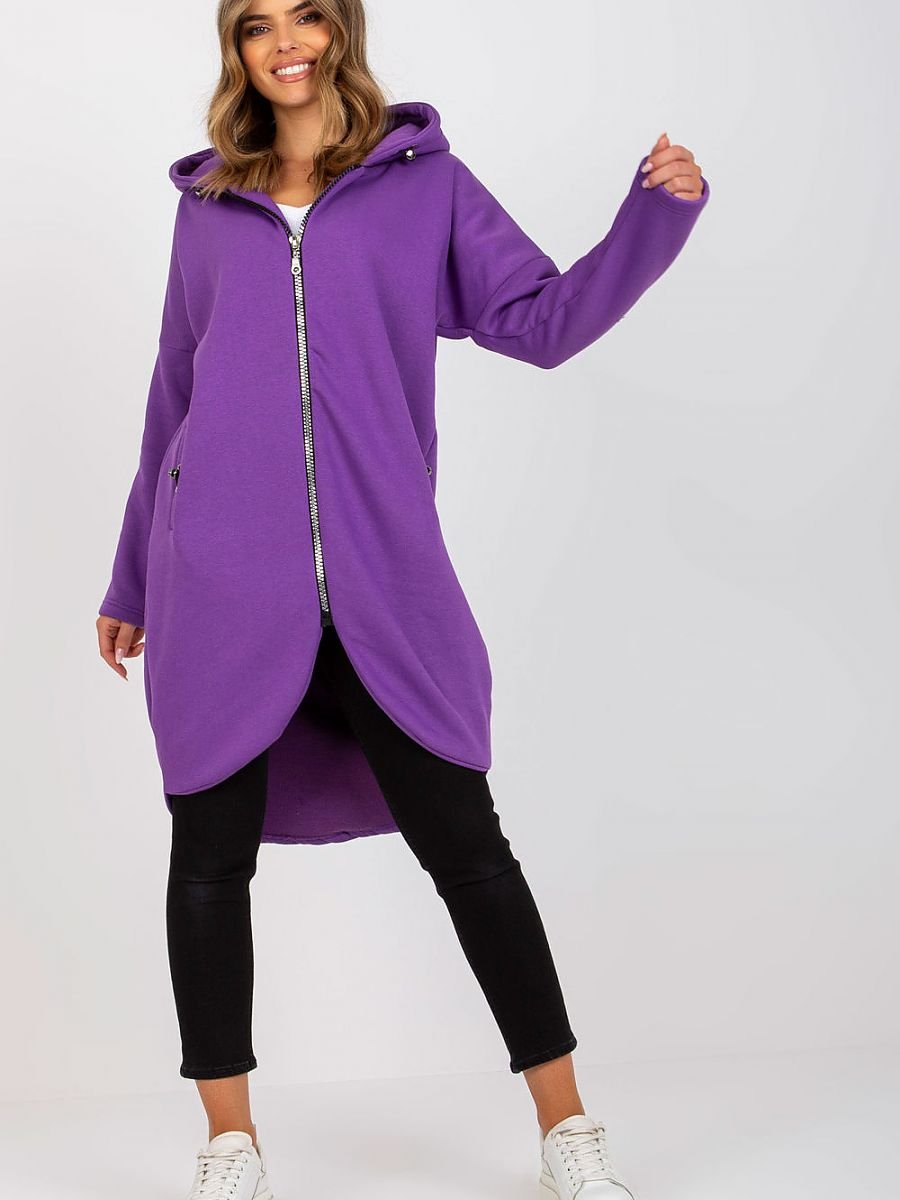 Rue Paris Solid Violet Color Long Sleeve Hooded Zipper Fleece