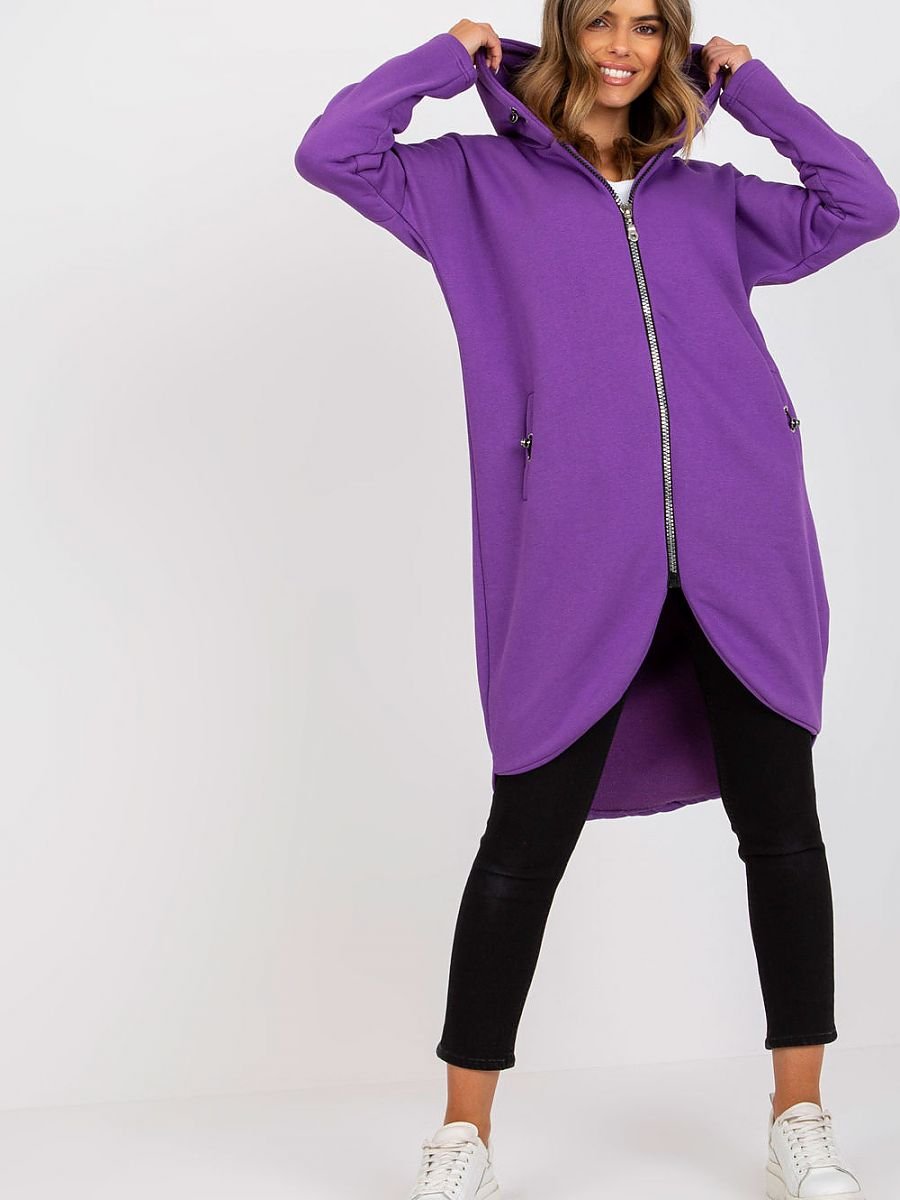 Rue Paris Solid Violet Color Long Sleeve Hooded Zipper Fleece