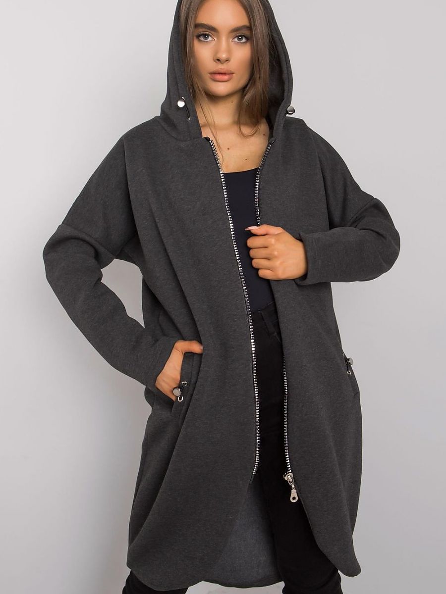 Rue Paris Solid Grey Color Long Sleeve Hooded Zipper Fleece