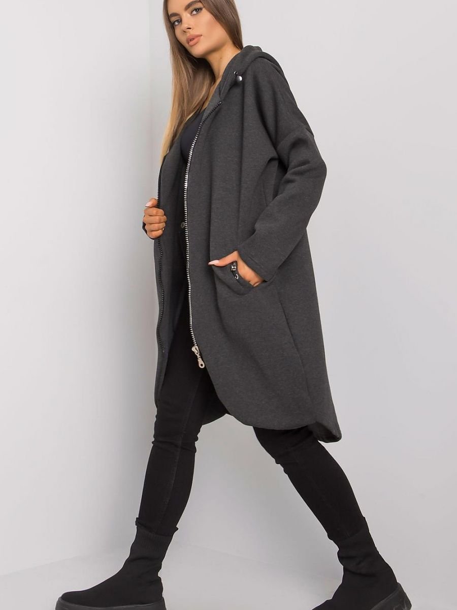 Rue Paris Solid Grey Color Long Sleeve Hooded Zipper Fleece