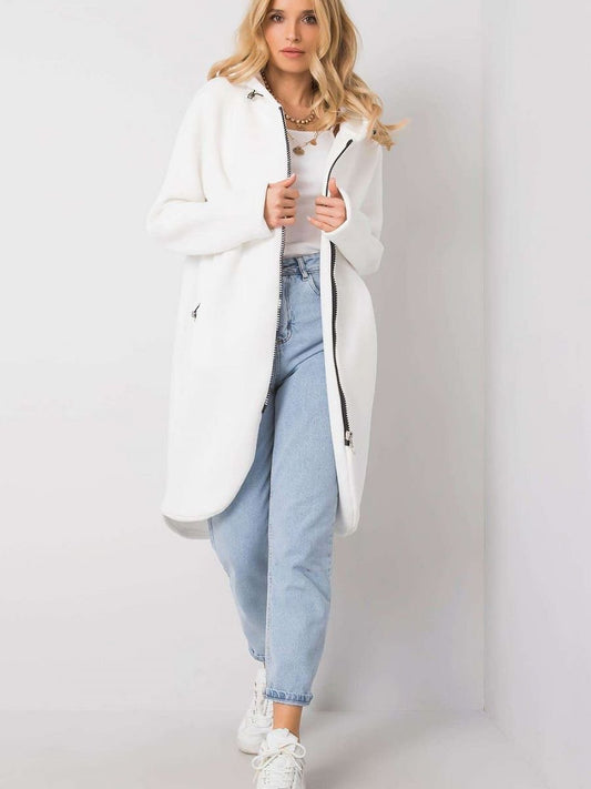 Rue Paris Solid White Color Long Sleeve Hooded Zipper Fleece