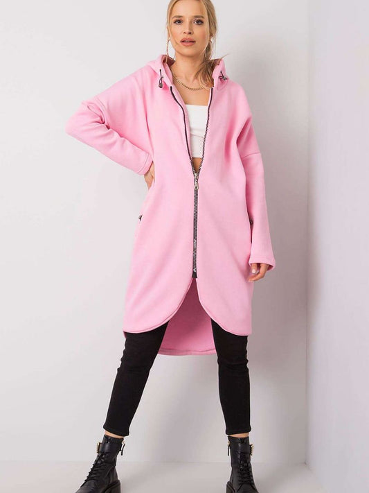 Rue Paris Solid Pink Color Long Sleeve Hooded Zipper Fleece