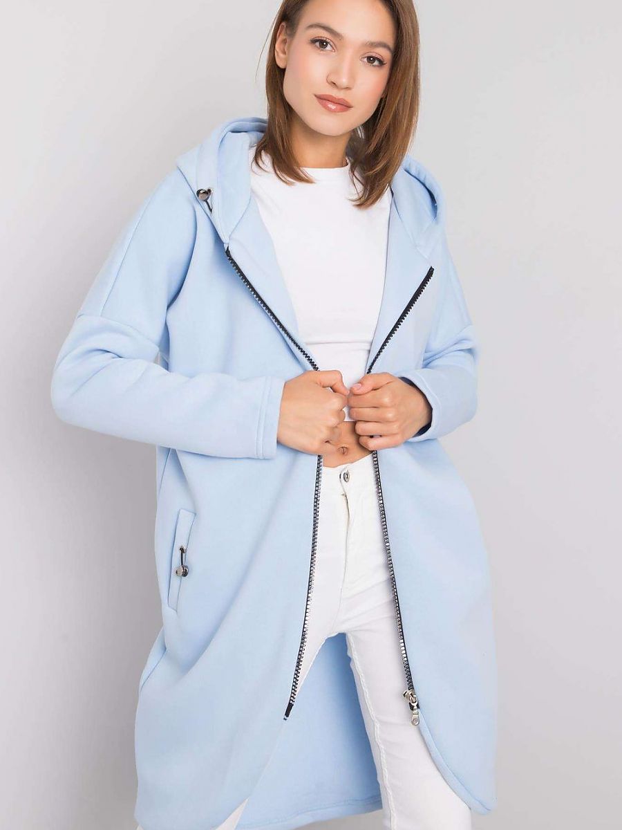 Rue Paris Solid Blue Color Long Sleeve Hooded Zipper Fleece