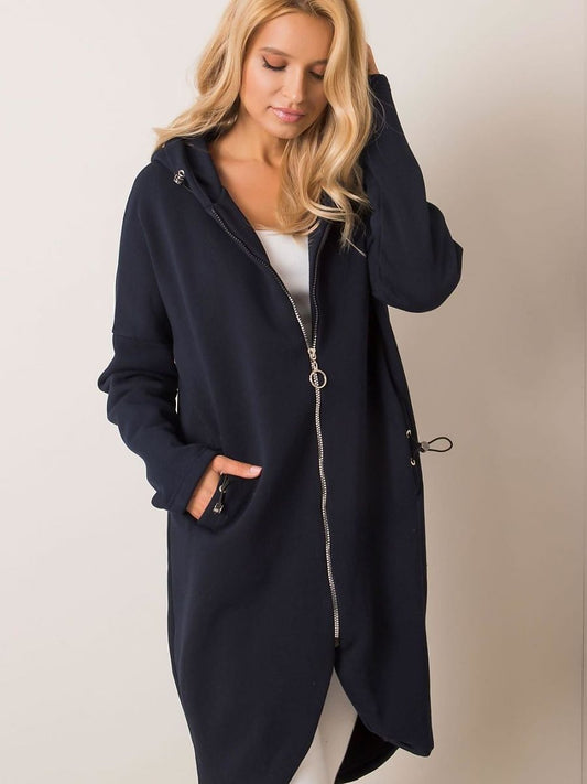 Rue Paris Solid navy blue Color Long Sleeve Hooded Zipper Fleece