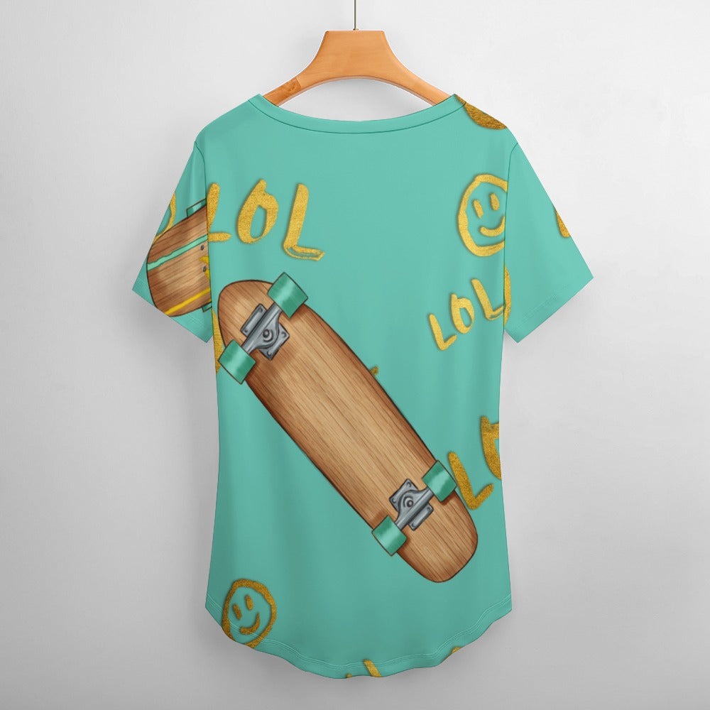 LOL skateboard Plus Size Ladies V-Neck Short Sleeve T-Shirt - Sport Finesse