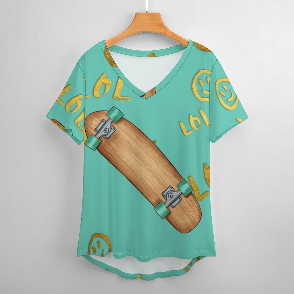 LOL skateboard Plus Size Ladies V-Neck Short Sleeve T-Shirt - XL - Sport Finesse