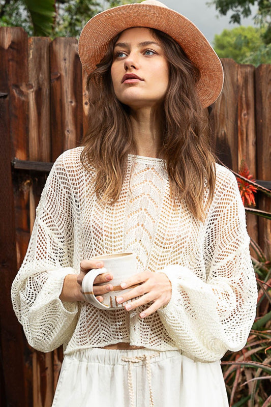 Openwork Balloon Sleeve Knit Cover Up