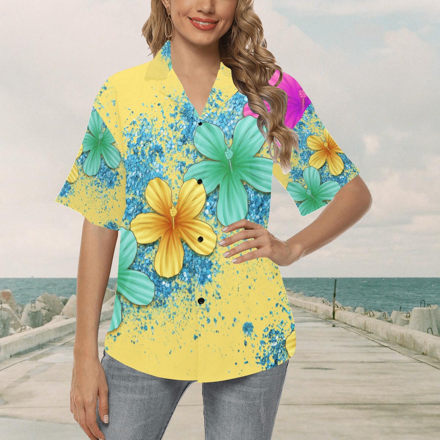 Beach Flowers Hawaiian Shirt for Women