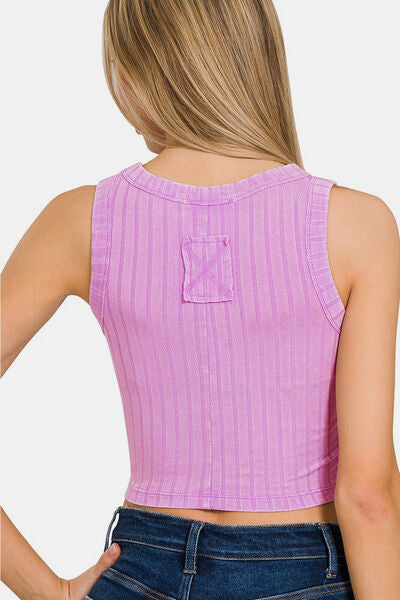 Mauve Ribbed Round Neck Cropped Tank