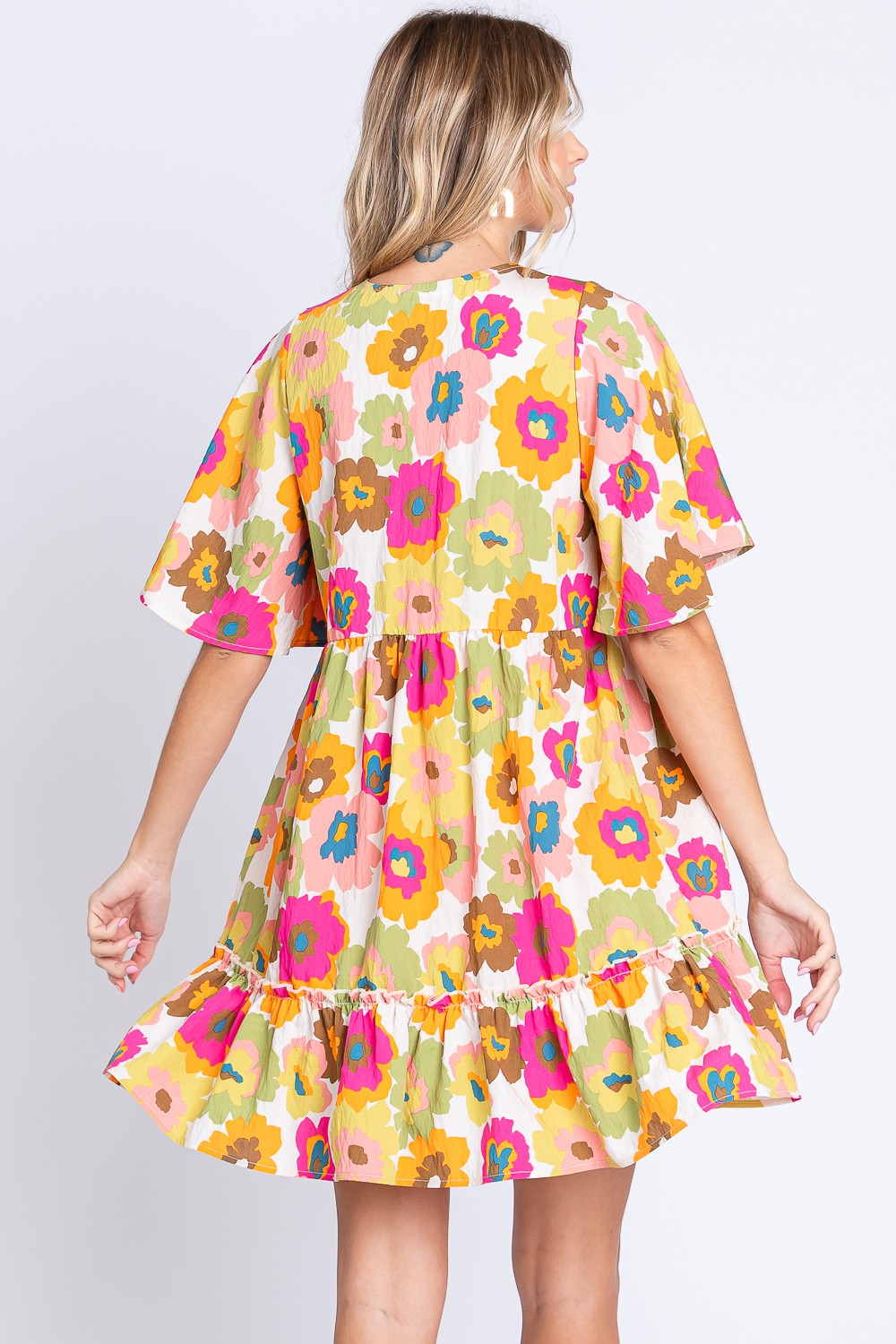 Full Size Floral V-Neck Ruffle Trim Mini Dress