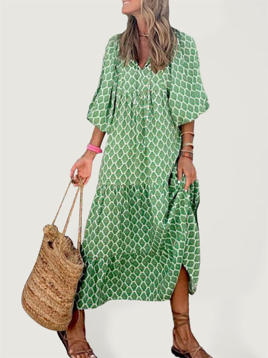Geometric Collage Puff Sleeve Dress Street Holiday Women's Clothing - Green / S - Sport Finesse