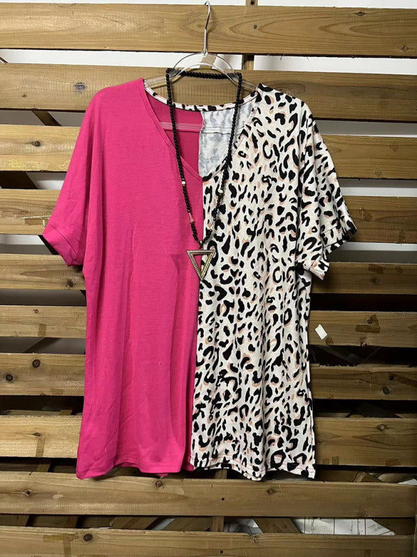 Leopard Print Contrast Color V-Neck Loose Pullover