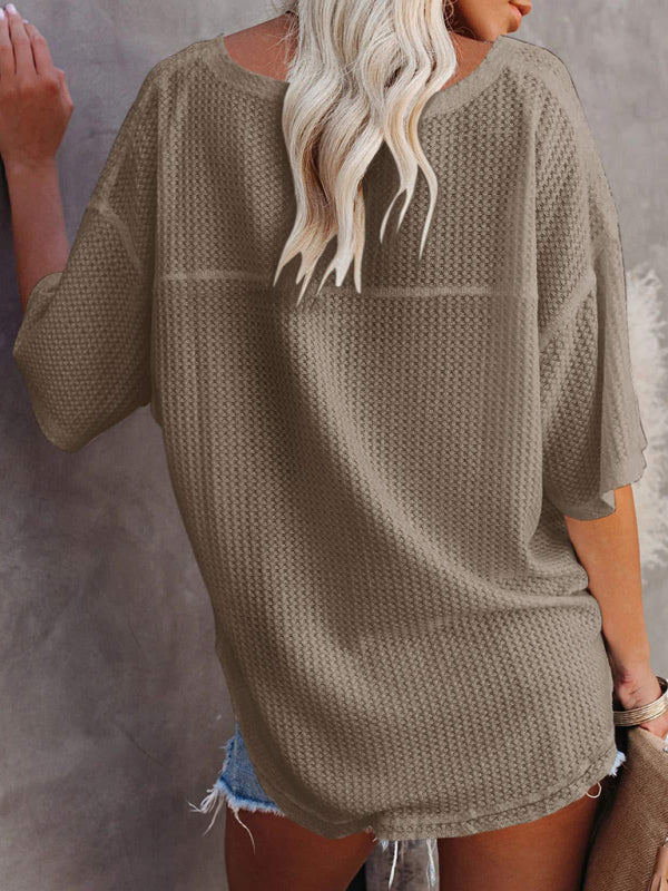 Effortless Elegance V-Neck Waffle Knit Dolman Sleeves T-Shirt
