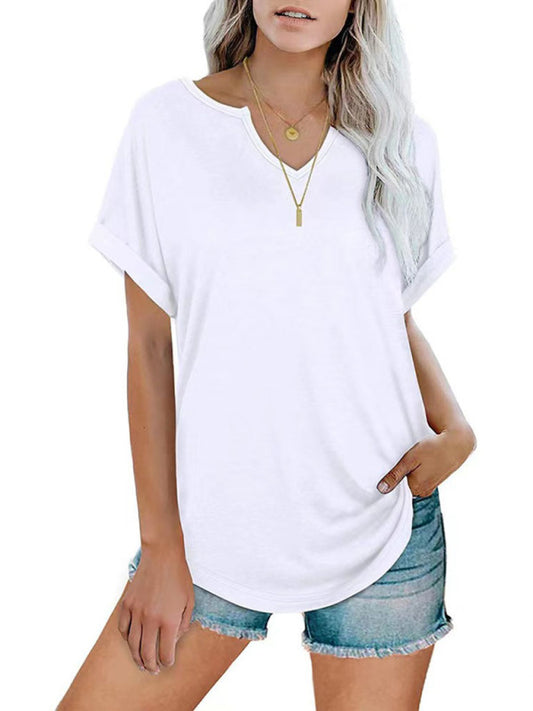 Notched Loose Neckline Loose Short-Sleeved T-Shirt - White / S - Sport Finesse