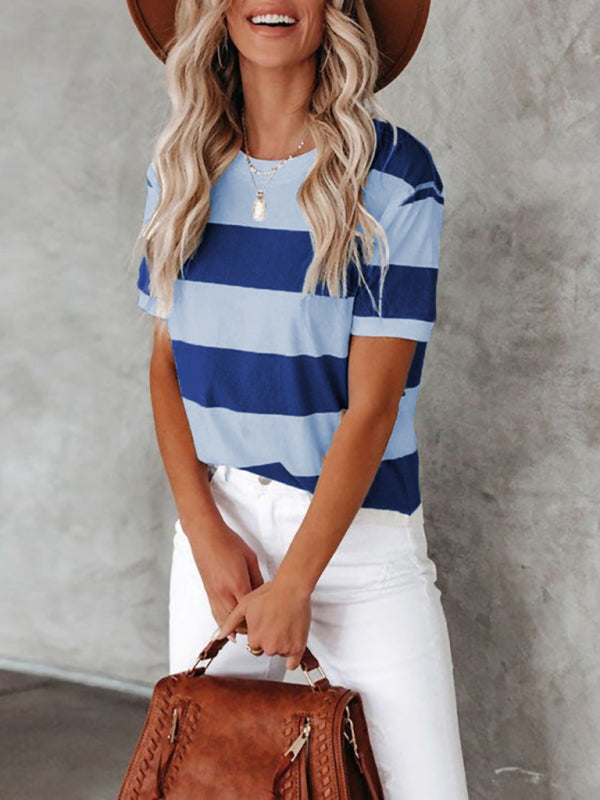 Blue and White Stripe Round Neck T-Shirt