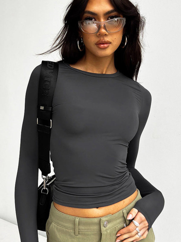 Round Neck Slim Long Sleeve Solid Color T-Shirt