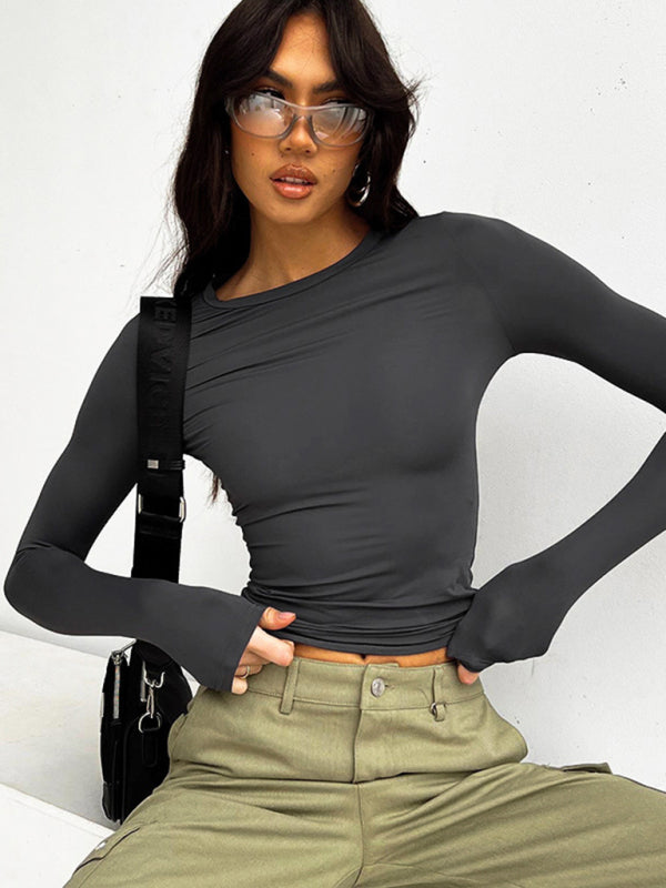 Round Neck Slim Long Sleeve Solid Color T-Shirt