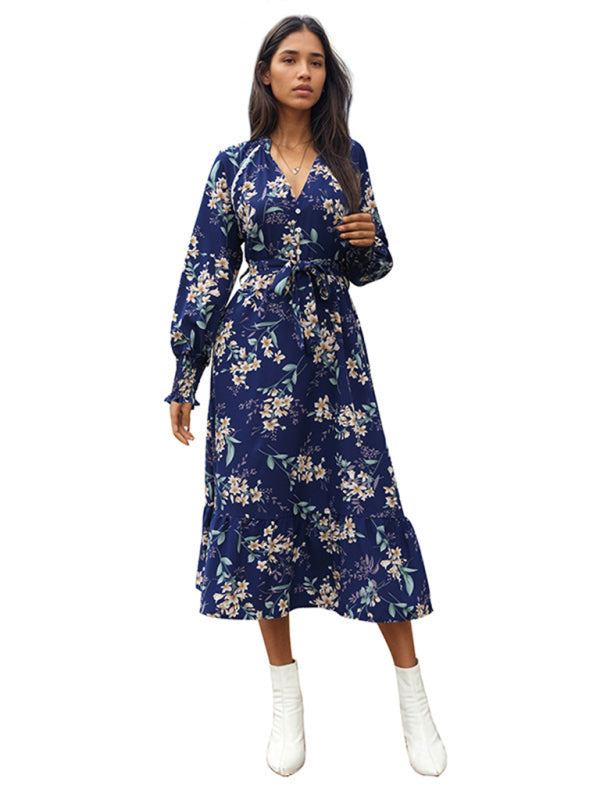Women's New Long Sleeve Flower Print Dress