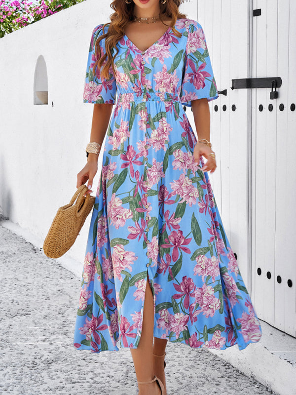 Women's Spring and Summer Vacation Casual Floral Print Slit Dress - Blue / S - Sport Finesse