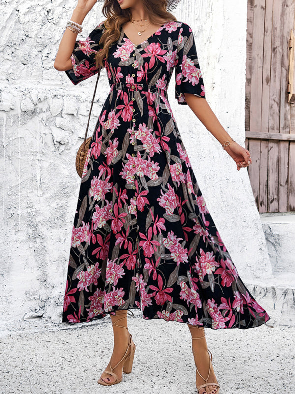 Women's Spring and Summer Vacation Casual Floral Print Slit Dress - Black / S - Sport Finesse