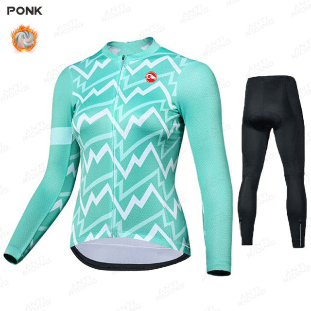 Long Sleeve Winter Thermal Women Cycling Jersey Set - Green Pant Set / XS - Sport Finesse