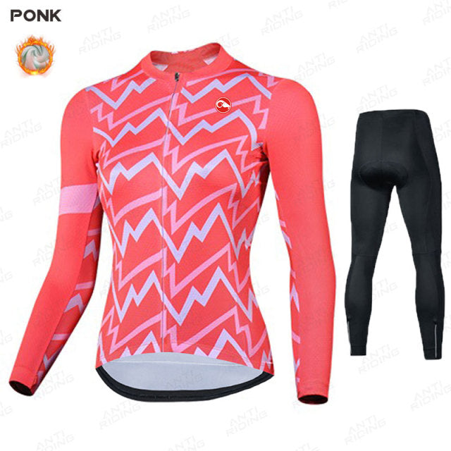 Long Sleeve Winter Thermal Women Cycling Jersey Set - Pink Pant Set / S - Sport Finesse