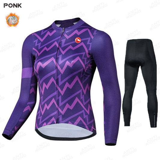 Long Sleeve Winter Thermal Women Cycling Jersey Set - Purple Pant Set / XS - Sport Finesse