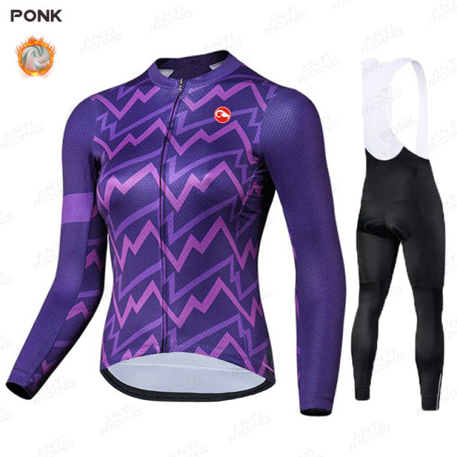 Long Sleeve Winter Thermal Women Cycling Jersey Set - Purple White Bib Set / S - Sport Finesse