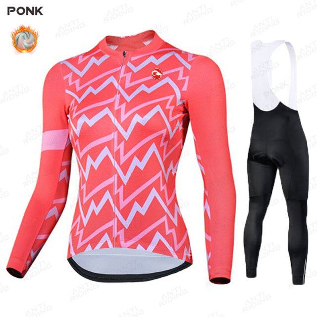 Long Sleeve Winter Thermal Women Cycling Jersey Set - Pink White Bib Set / XS - Sport Finesse