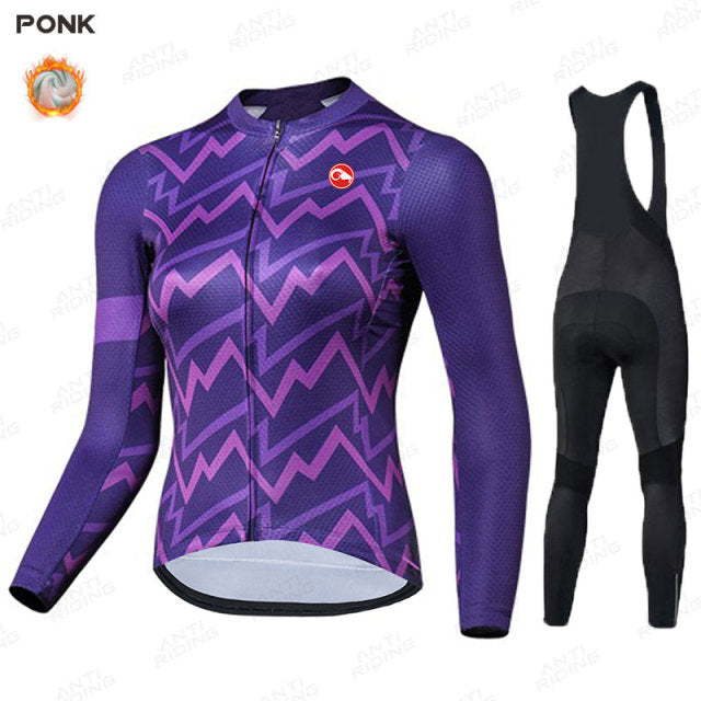 Long Sleeve Winter Thermal Women Cycling Jersey Set - Purple Black Bib Set / XS - Sport Finesse