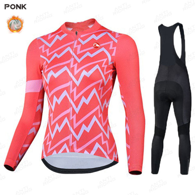 Long Sleeve Winter Thermal Women Cycling Jersey Set - Pink Black Bib Set / S - Sport Finesse