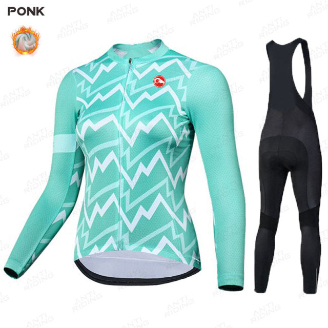 Long Sleeve Winter Thermal Women Cycling Jersey Set - Green Black Bib Set / XS - Sport Finesse