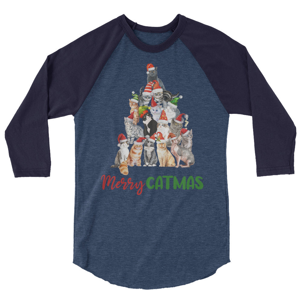 Merry Catmas 3/4 Sleeve Shirt - Heather Denim/Navy / XS - Sport Finesse