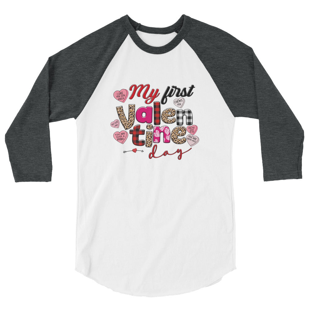My First My Valentines Day Raglan Shirt - White/Heather Charcoal / XS - Sport Finesse