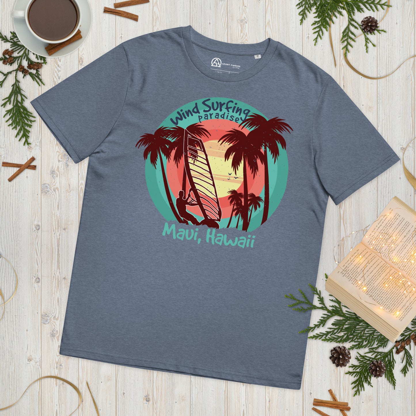 Windsurfing Paradise Maui beach Unisex organic cotton t-shirt - Dark Heather Blue / S - Sport Finesse