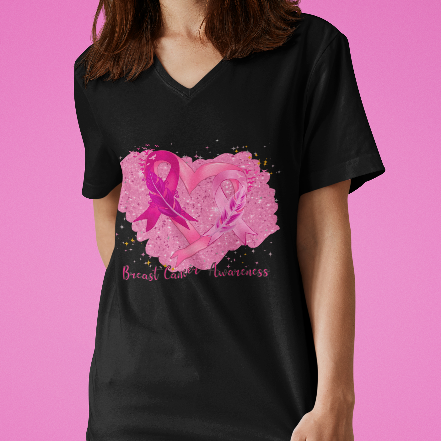 Pink Ribbon Heart V-Neck T-Shirt - Black / XS - Sport Finesse