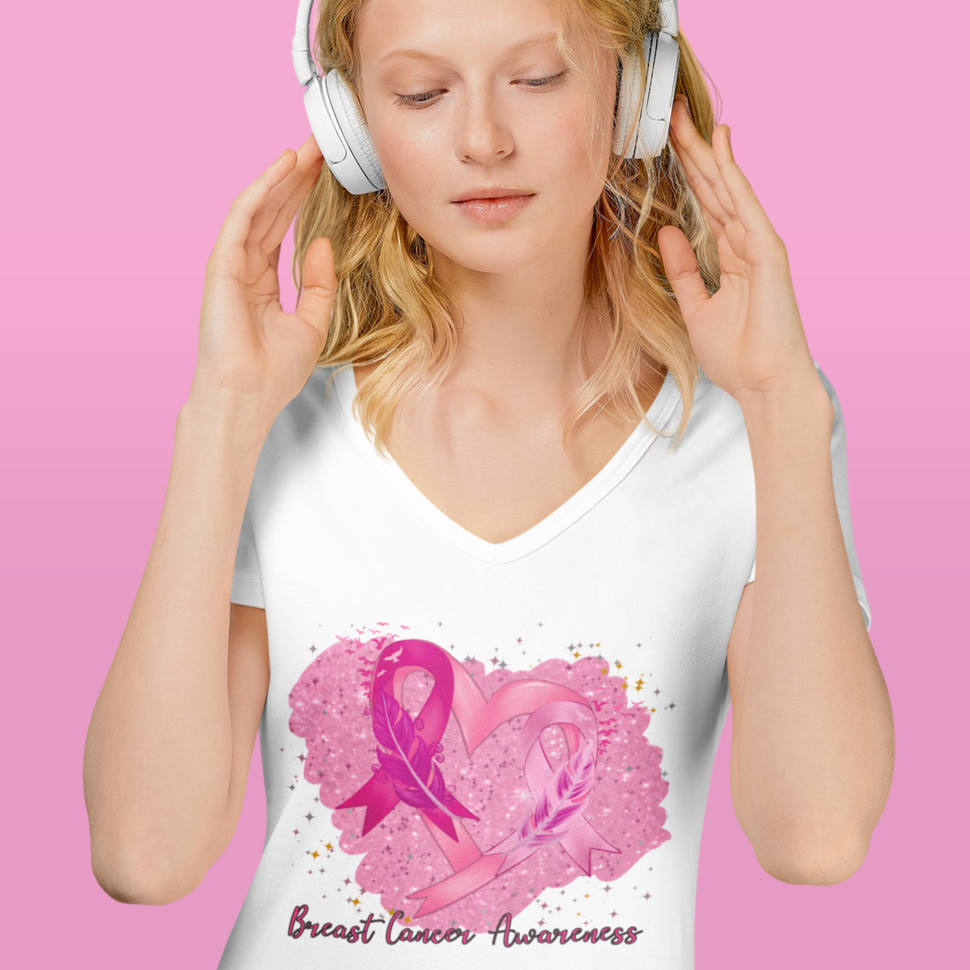 Pink Ribbon Heart V-Neck T-Shirt - White / XS - Sport Finesse