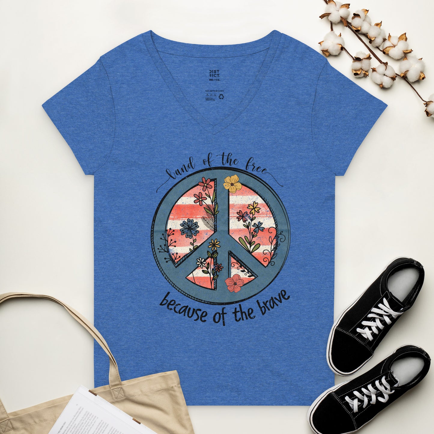 Peace symbol recycled v-neck t-shirt - Blue Heather / S - Sport Finesse