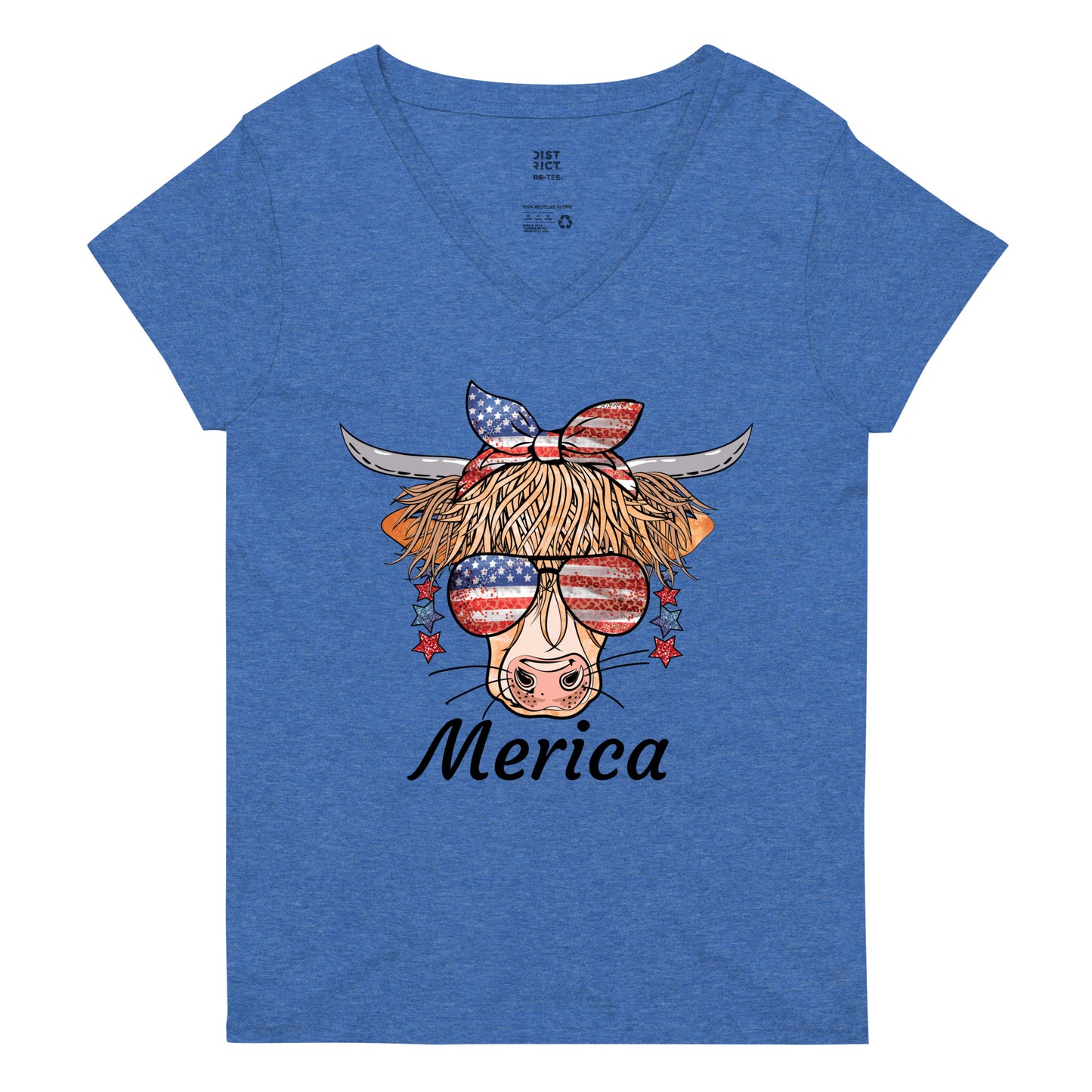 Merica Cow recycled v-neck t-shirt - Blue Heather / S - Sport Finesse