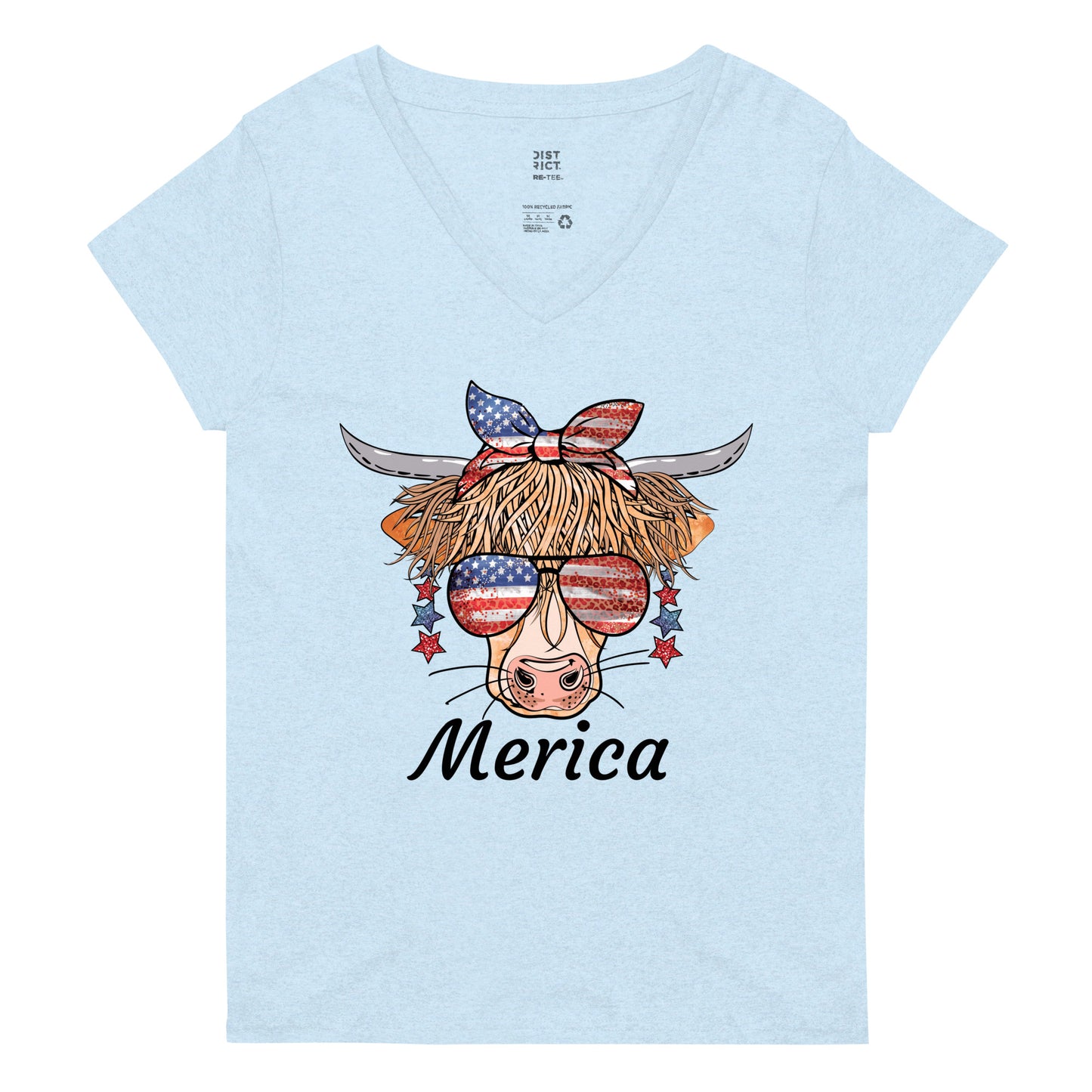 Merica Cow recycled v-neck t-shirt - Crystal Blue / S - Sport Finesse