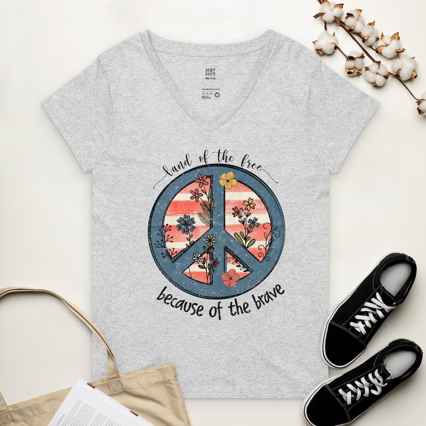 Peace symbol recycled v-neck t-shirt - Light Heather Grey / S - Sport Finesse