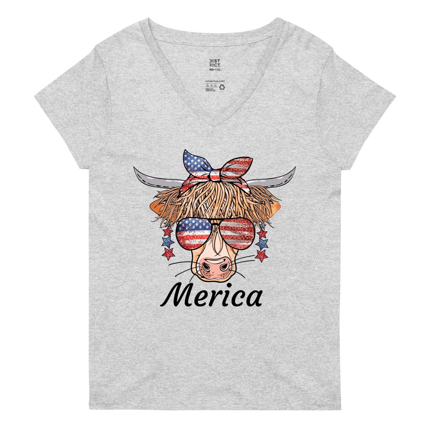 Merica Cow recycled v-neck t-shirt - Light Heather Grey / S - Sport Finesse
