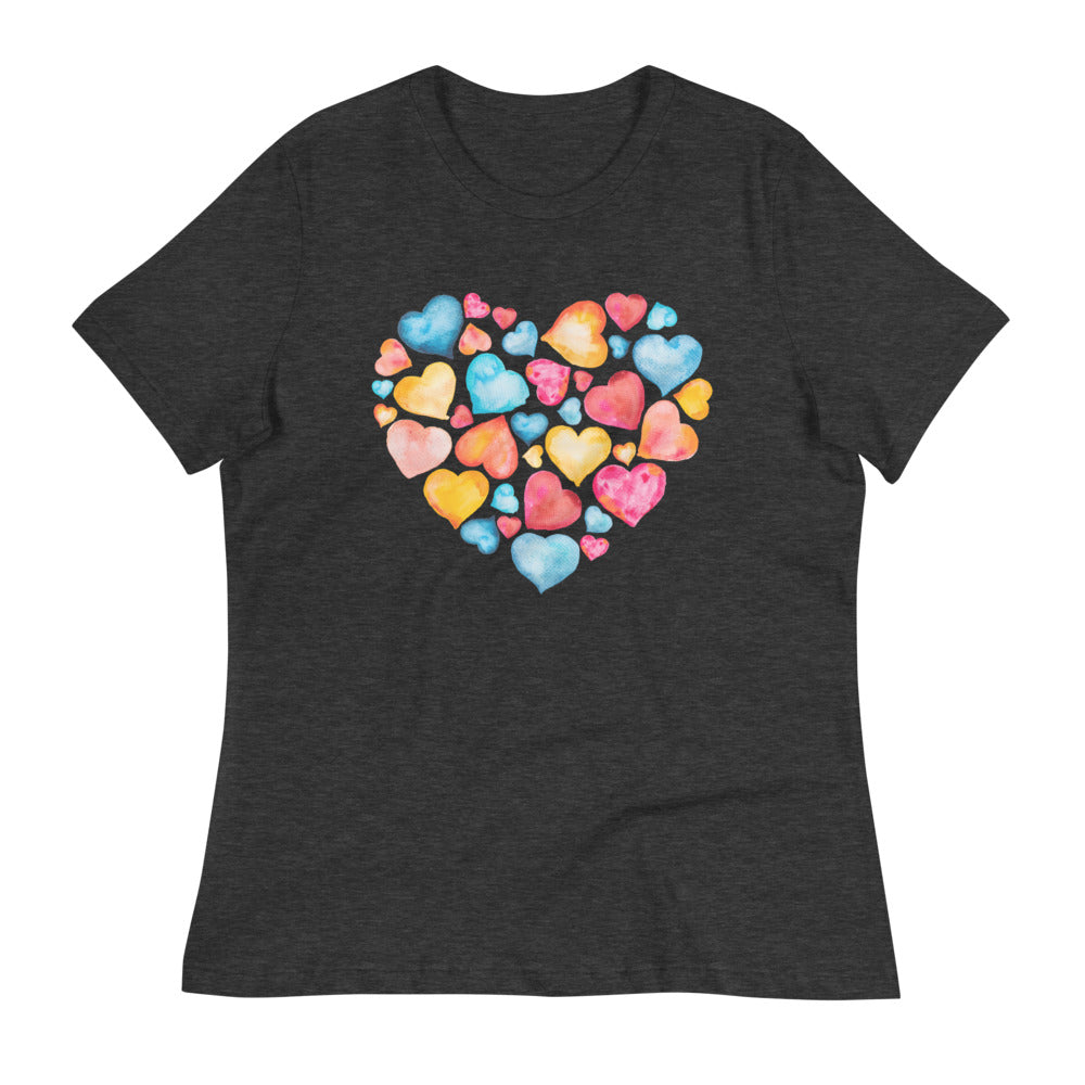 Watercolor Hearts Women's Relaxed T-Shirt - Dark Grey Heather / S - Sport Finesse