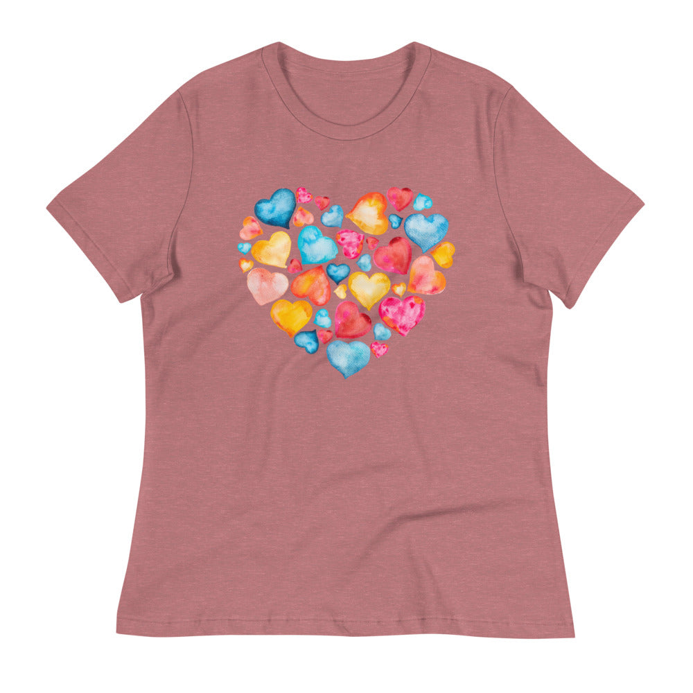 Watercolor Hearts Women's Relaxed T-Shirt - Heather Mauve / S - Sport Finesse