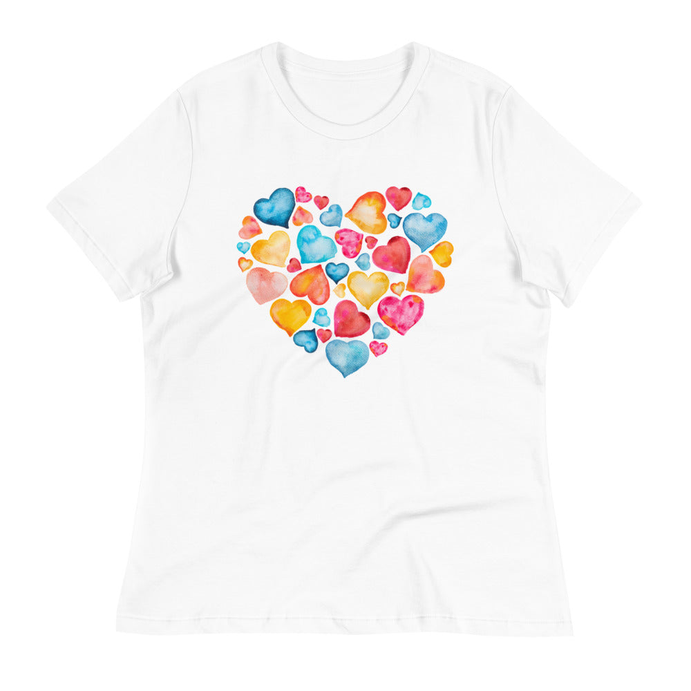 Watercolor Hearts Women's Relaxed T-Shirt - White / S - Sport Finesse