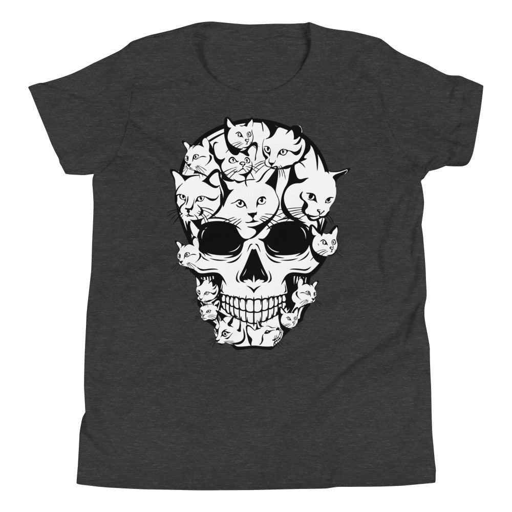 Halloween Funny Cat Skull Youth Tee - Dark Grey Heather / S - Sport Finesse
