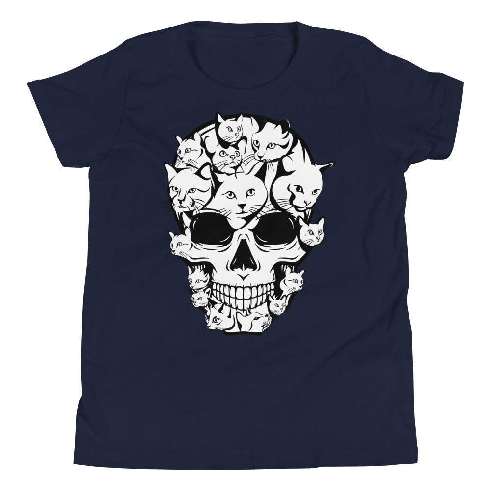 Halloween Funny Cat Skull Youth Tee - Navy / S - Sport Finesse